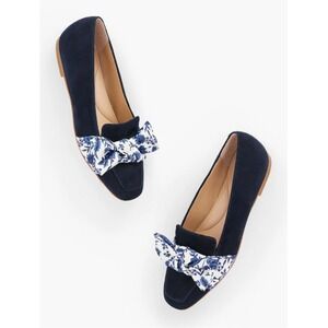 NWT Talbots‎ Women's Stella Floral Navy Blue Printed Bow Suede Flats Size 9.5